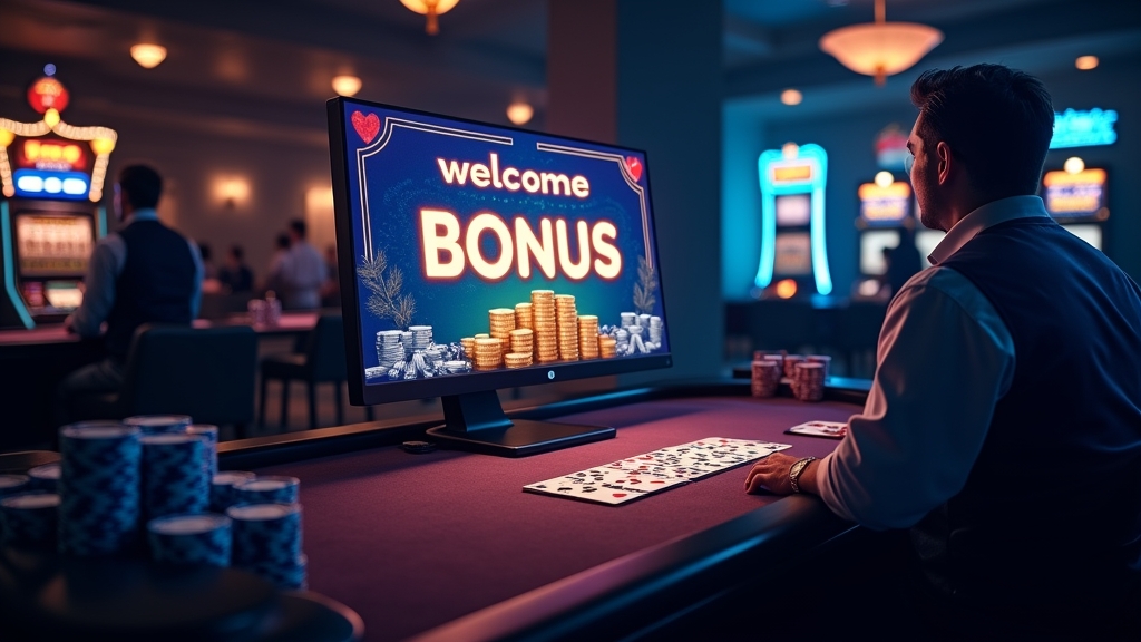 Nieuwe speler ziet een welkomstbonus in een donker casino met chips en scherm