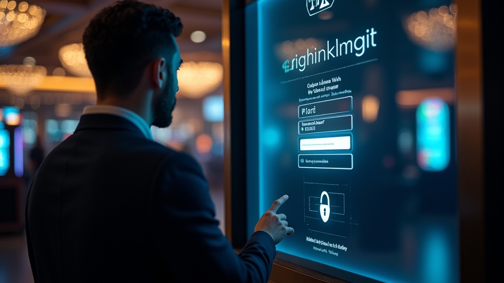 Donkere casinoomgeving met een inlogscherm en beveiligingssymbolen