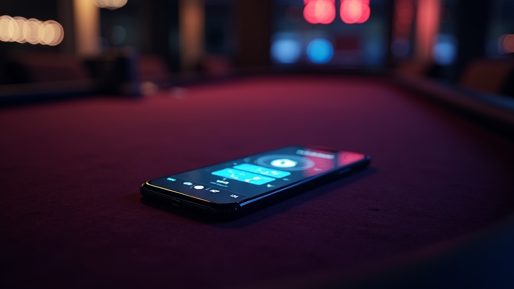 Smartphone met veilige appdownload in een donkere casinoomgeving